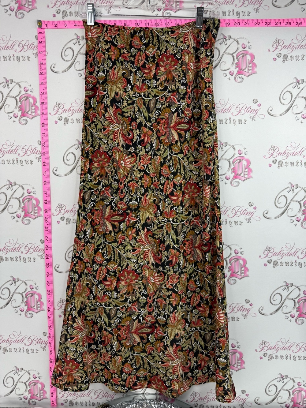 Skirt long maxi Floral A-Line Maxi Skirt in Black with Rust & Olive Accents